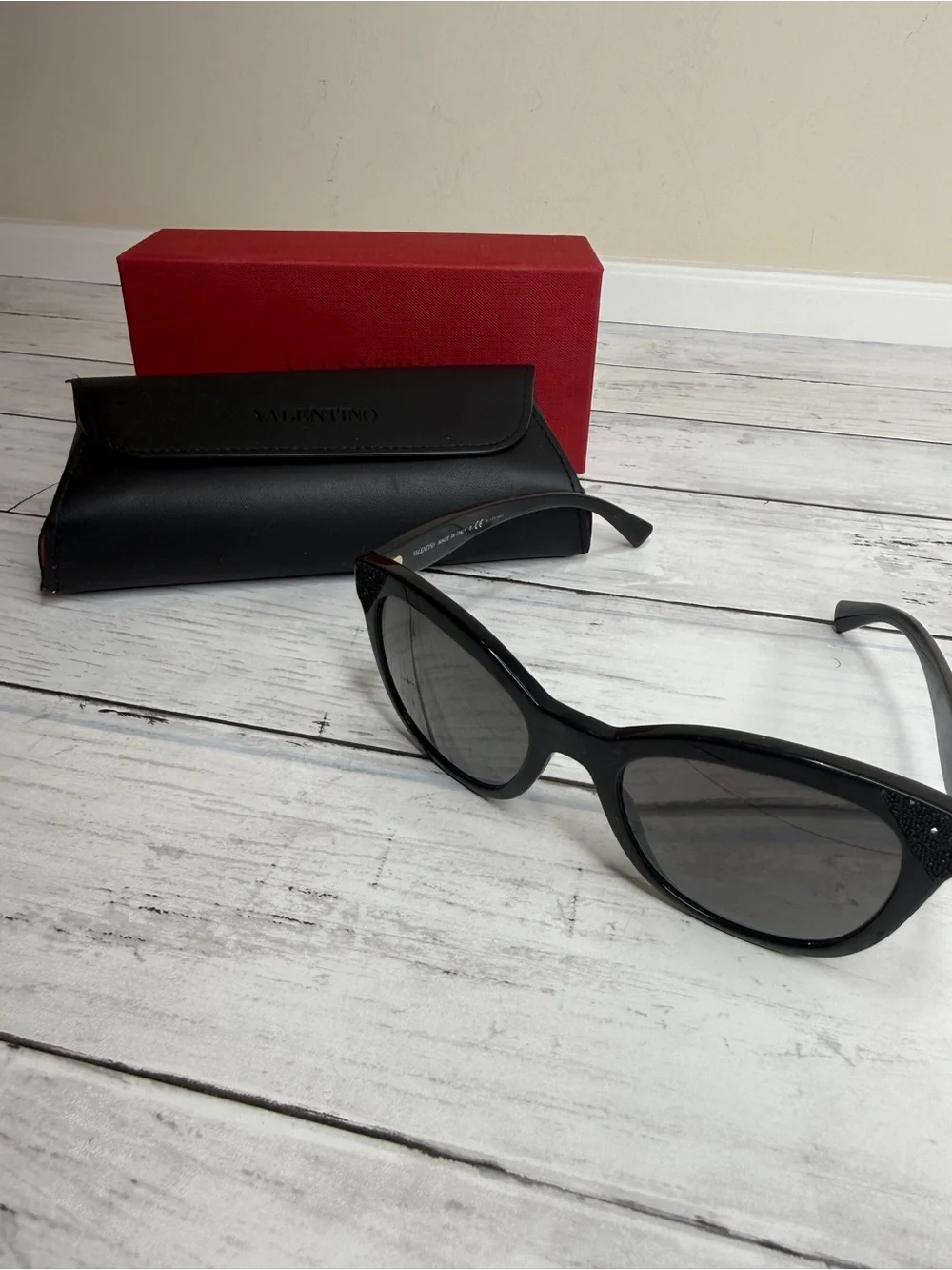 Valentino Black Cat-Eye Sunglasses with Glitter Temple Accents